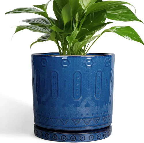 Maceta de Cerámica Eightpot - Maceta de 20 cm para Interior con Agujeros de Drenaje y Platillo, Maceta Redonda para Exterior, Maceta Moderna de Azul