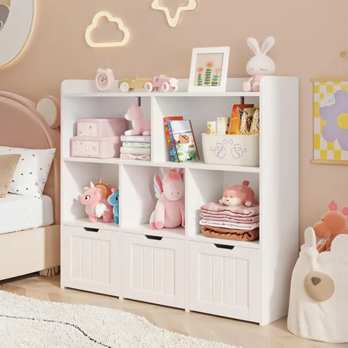 Miniatura 3 de Gizoon Organizador de almacenamiento de juguetes con 3 cajones móviles y 6 estantes abiertos, estantería para niños con barrera de prevención