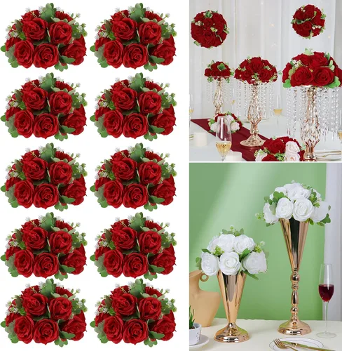 Miniatura 9 de 10 centros de mesa de bola de flores artificiales para bodas, bolas de beso, rosas de seda rojas, arreglos florales románticos para compromiso