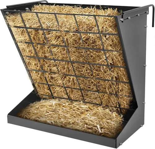 Estante de heno para montaje en pared, de metal galvanizado resistente 2 en 1, alimentador de heno y granos, comedero para ganado con distancia