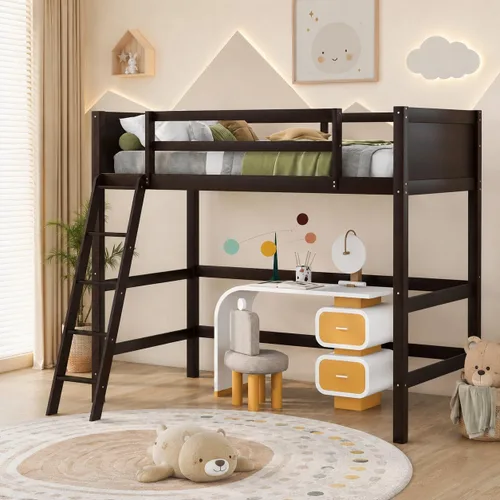 Twin Size Solid Wood Loft Bed with Full-Length Safety Guardrails and Slanted Ladder,Modern Loft Bed Frame with Sturdy Slat Support and Under-Bed
