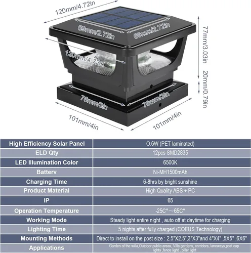 Miniatura 6 de FVTLED Paquete de 2 luces solares para tapa de poste, impermeables IP65 para exteriores, encendido/apagado automático, 120 lúmenes, 6500 K, blanco