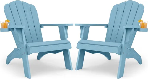 Miniatura 17 de YEFU Juego de 2 sillas Adirondack de plástico de gran tamaño con portavasos (gran doble propósito), resistentes a la intemperie, sillas de madera