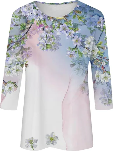 Miniatura 2 de Camisas de manga 34 para mujer, cuello redondo, estampado floral, sudaderas casuales elegantes, blusas de manga tres cuartos