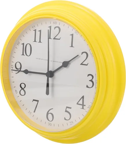 ULTECHNOVO Reloj de pared moderno, amarillo, redondo de 9 pulgadas, funciona con pilas, silencioso, sin tictac, fácil instalación, materiales