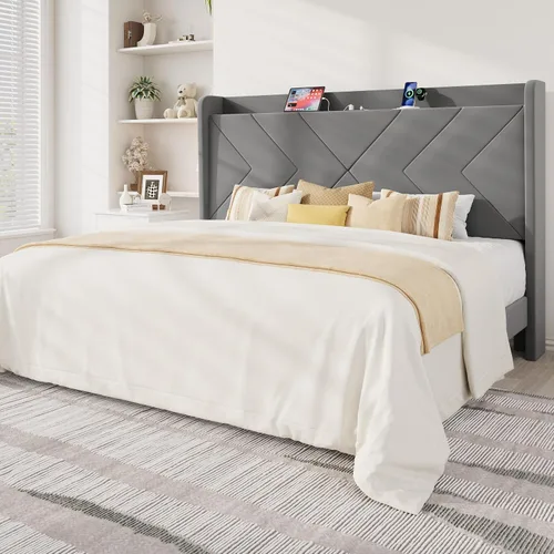 Miniatura 9 de Allewie Base de cama de plataforma de tamaño matrimonial con estación de carga y estante de almacenamiento, cabecera tapizada de terciopelo con Negro