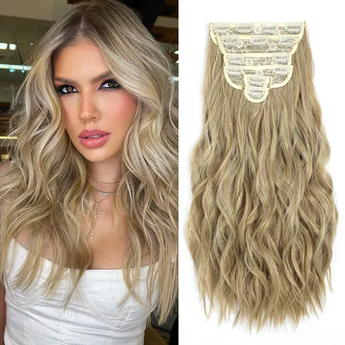 Miniatura 28 de Fliace Extensiones de cabello con clip para mujer, extensiones de cabello ondulado largo de color marrón medio, extensiones de cabello sintético
