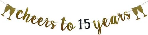 Bandera de Cheers To 15 Years Gold and Black Glitter Paper Party Decor For 15th Wedding Anniversary 15 Years Old 15TH Birthday Party Supplies