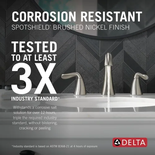 Miniatura 2 de Delta Arvo Grifo de Níquel Cepillado de 3 Agujeros, Grifo de Lavabo de Baño de 8 Pulgadas de Extensión Amplia para Tocador, Ensamblaje de Desagüe
