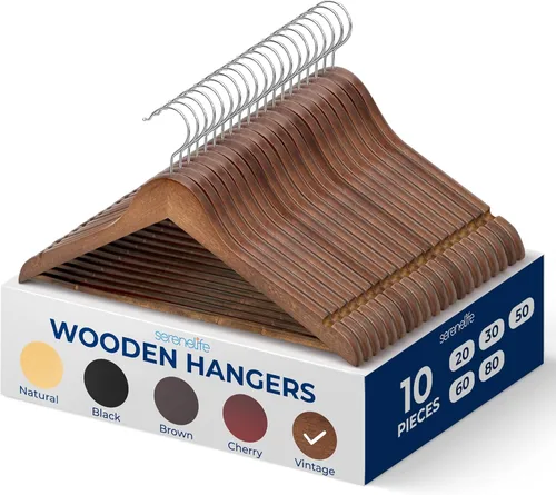 Miniatura 8 de SereneLife Perchas de madera maciza, paquete mega, 60 perchas para ropa, juego de perchas resistentes con gancho giratorio cromado de 360 grados