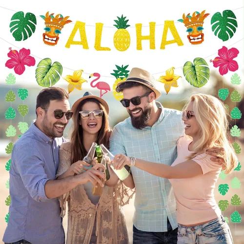 Miniatura 5 de Decoraciones de fiesta hawaiana Aloha – Cartel dorado brillante Aloha para suministros de fiesta temática de Luau tropical de Hawaii