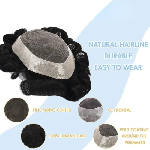 Miniatura 3 de Peluca de hombre Toupee fina mono y poliuretano para hombre, prótesis capilar duradera, sistema de reemplazo de cabello natural, peluca masculina