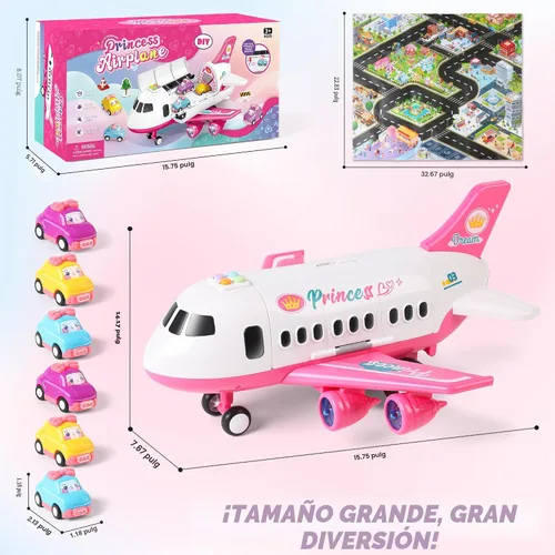 Miniatura 2 de Dwi Dowellin Juguete de avión rosa con 6 camiones y tapete de juego, avión con luces y sonidos para niños y niñas de 3, 4, 5, 6, 7 años