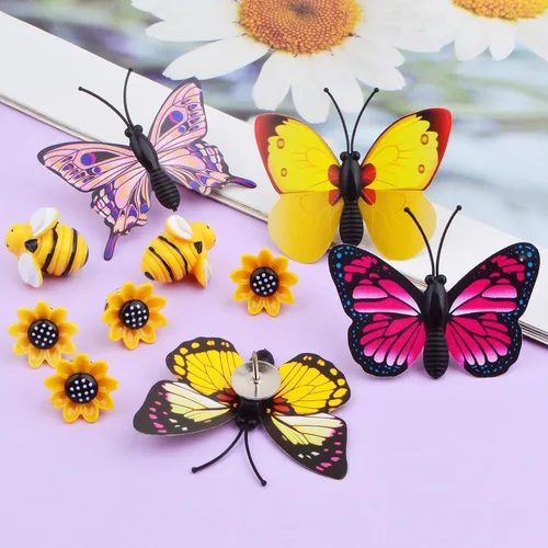 Miniatura 7 de 30 pines decorativos creativos de estilos mixtos, bonitos pasadores de girasol, abeja, mariposa, pasadores con una caja para fotos, pared, oficina