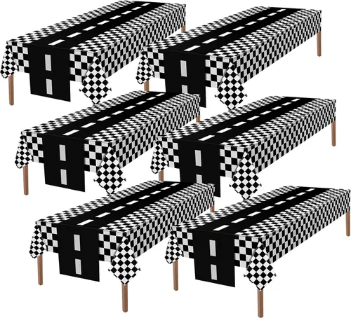 Miniatura 12 de Tallew Suministros de fiesta de automóvil a cuadros, mantel desechable de plástico para mesa de carreras en blanco y negro, camino de mesa