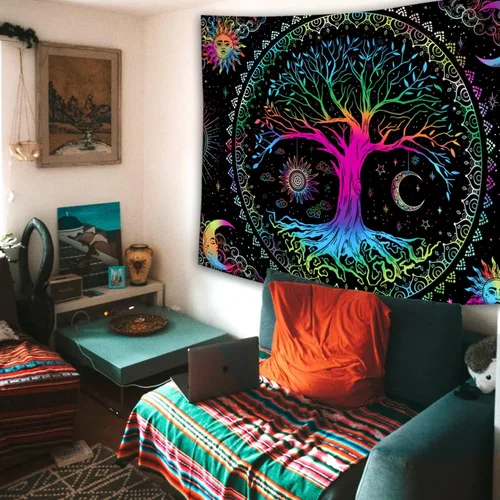 Miniatura 3 de Kanuyee Tapiz de pared con diseño de árbol de la vida, mandala, estrella y luna y galaxia, color negro para decoración de habitación