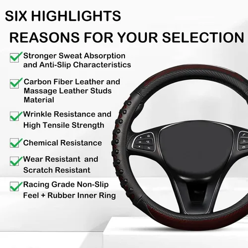 Miniatura 5 de Funda para volante de automóvil con masaje 3D, 14.5-15 pulgadas, fundas universales de cuero de fibra de carbono marrón, transpirables