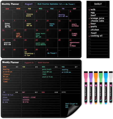 Miniatura 8 de Juego de calendario de pizarra blanca negra para nevera (paquete de 3), 1 tabla magnética de tareas y 1 planificador semanal para refrigerador, 1
