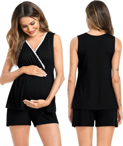 Miniatura 4 de SWOMOG Conjunto de pijama de maternidad para mujer con bata de 3 piezas, ropa de dormir sin mangas y pantalones cortos para embarazo