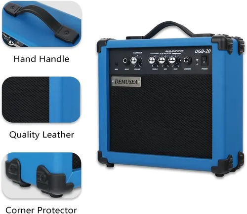 Miniatura 4 de Amplificador de Guitarra Bajo Eléctrico Azul Oscuro de 20W Portátil de Viaje Mini Amplificador de Práctica Conector para Auriculares Aux Agudos