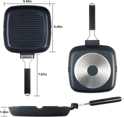 Miniatura 6 de S·KITCHN Sartén para parrilla con mango plegable, sartén antiadherente para estufas, sartén cuadrada compatible con inducción con boquillas