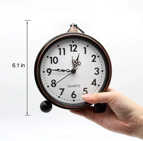 Miniatura 3 de Reloj de mesa de metal retro, funciona con pilas, sin tictac, mesa de cuarzo, pequeño despertador, estante de escritorio, reloj de cristal HD