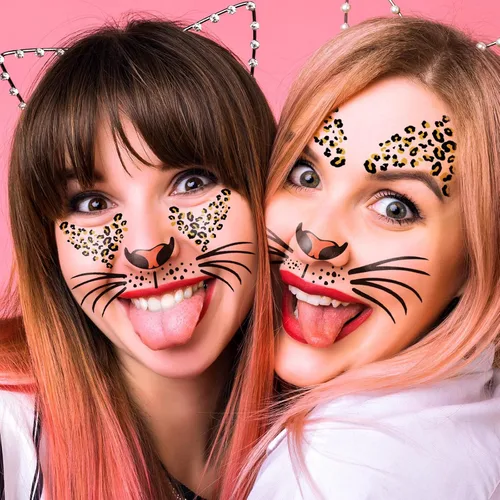 Miniatura 2 de Paquete de 6 tatuajes temporales de cara de leopardo feroz, kit de rayas realistas para nariz, bigotes y frente para Halloween, fiestas de disfraces