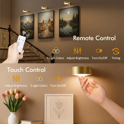 Miniatura 5 de Paquete de 3 luces para cuadros de pared, luz LED para pintura operada por batería recargable con control remoto regulable y temporizador, 3 modos