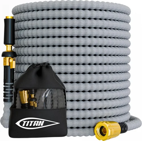 Miniatura 9 de Manguera de jardín flexible TITAN de 10 pies – Ultra ligera, manguera de agua resistente con accesorios de latón y boquilla de chorro – Sin