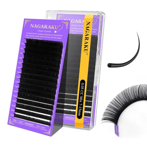 Miniatura 145 de NAGARAKU Extensiones de pestañas, pestañas individuales, 0.05mm, rizo D, 15mm, clásico, negro mate, suave, natural, profesional, 16 filas, 0.05-D