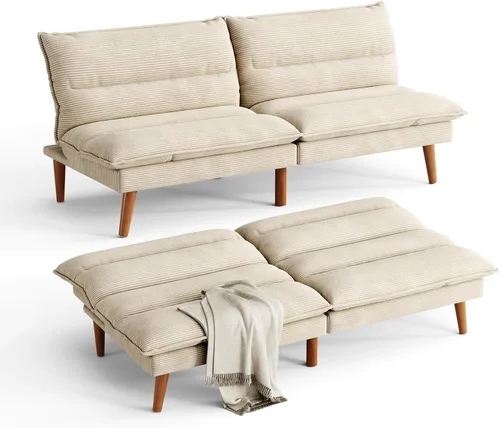 LINSY Sofá cama futón de pana de 71 pulgadas con respaldo ajustable, futones plegables convertibles para espacios pequeños, salas de estar, Beige