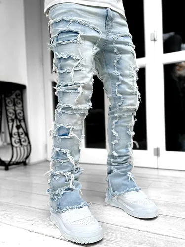 Miniatura 4 de Kodaruber Jeans apilados para hombre, ajustados, rasgados, elásticos, desgastados, rectos, pantalones de mezclilla hip hop, ropa de calle