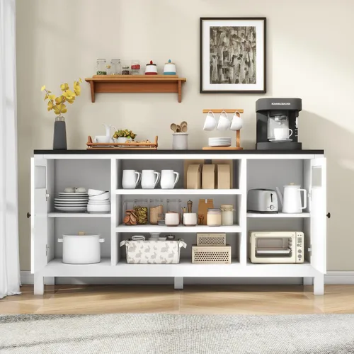 Miniatura 3 de Gabinete de buffet acanalado en blanco y negro: gabinete de aparador de madera de 63 "para sala de estar, mesa de acento moderna con almacenamiento