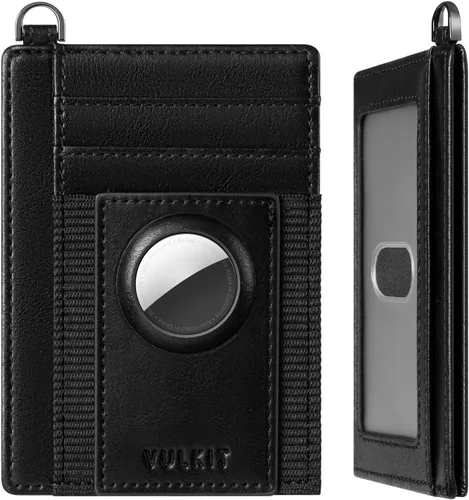 VULKIT Billetera minimalista delgada con bolsillo frontal, bloqueo RFID, tarjetero para AirTag, Negro -, Minimalista