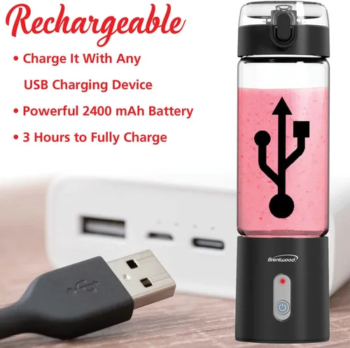 Miniatura 2 de Brentwood Licuadora portátil de vidrio cargable por USB con batería de 50 vatios y 17 onzas (negro)