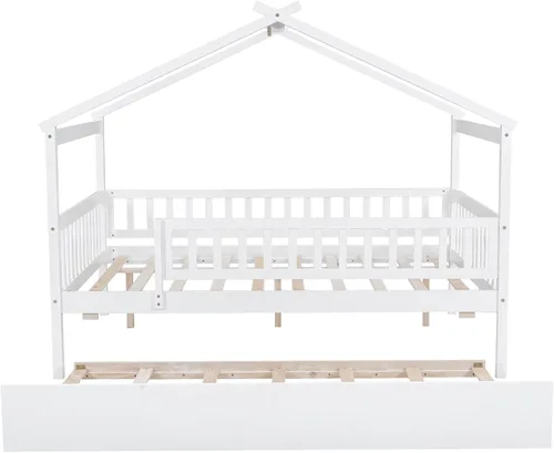Miniatura 4 de Cama de casa con nido y valla, camas de tamaño matrimonial estilo Montessori con barandillas, marco de cama de madera para niños, niñas, niños