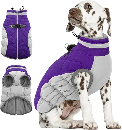Miniatura 34 de AOFITEE Abrigo para perro, chaquetas cálidas para perros grandes, abrigo reflectante de cuello alto para perros con arnés integrado, impermeable