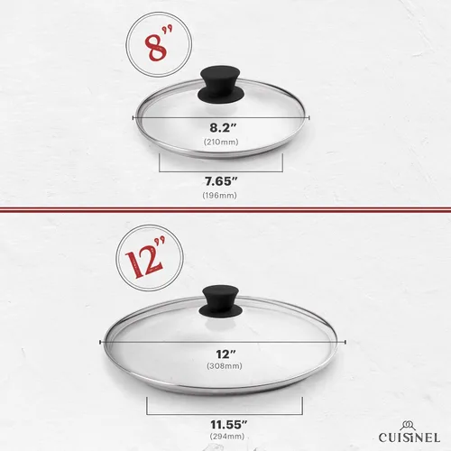 Miniatura 5 de Cuisinel Juego de sartenes de hierro fundido, sartén de 8 pulgadas + 12 pulgadas + tapas de vidrio, utensilios de cocina pre-sazonados, soportes