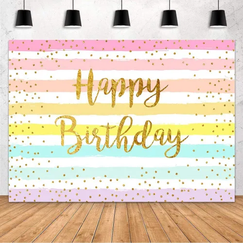 MEHOFOND Decoración de fiesta de cumpleaños para niños y adultos, colorido arco iris, rayas doradas, feliz cumpleaños, fotografía de fondo, estudio,