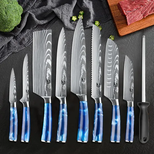Miniatura 8 de Dfito Juego de cuchillos de chef con bolsa enrollable, juego de cuchillos profesionales de 9 piezas, juego de cuchillos de cocina de acero Azul