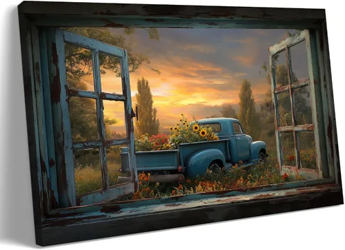 Miniatura 20 de Decoración rústica de granja en lienzo con ventana abierta, impresiones artísticas para pared, pintura de camión viejo, lienzo de granero y bandera