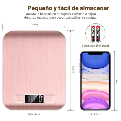 Miniatura 2 de Mik-Nana Báscula de cocina digital rosa de 22.0 lbs/22 libras, peso gramos y onzas para hornear y cocinar, graduación precisa de 1 g/0.1 oz, acero