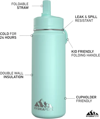 Miniatura 2 de Hydrapeak Mini botella de agua para niños de 20 onzas con tapa con pajilla, doble pared de acero inoxidable, a prueba de fugas y derrames, fría