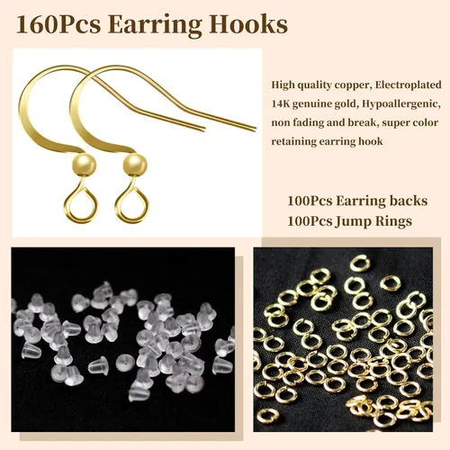 Miniatura 2 de 160 unidades/80 pares de ganchos para aretes chapados en oro de 14 quilates, hipoalergénicos, ganchos de pez con 100 piezas de silicona transparente