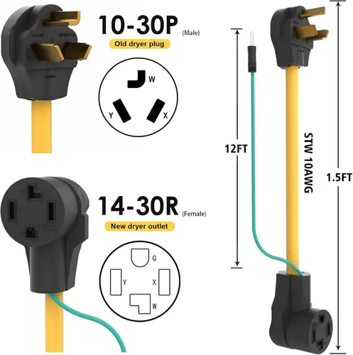 Miniatura 3 de Adaptador de secadora de 4 a 3 clavijas apto para alquiler de 1.5 pies y 30 amperios con cable de tierra verde NEMA 10-30P macho a 14-30R hembra
