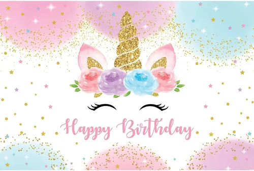 Miniatura 3 de Telón de fondo de unicornio arcoíris de 5 x 3 pies, decoraciones de fiesta de feliz cumpleaños para niñas, acuarela, floral, estrellas, lunares