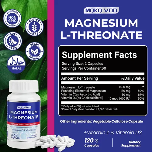 Miniatura 2 de Magnesio L-treonato de vitamina C y D3, 120 cápsulas Magnesio de alta absorción para la salud cerebral, la concentración, la calma y el sueño