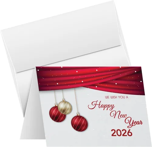 Juego de tarjetas de feliz año nuevo 2026 – Elegante bola roja para Navidad, Año Nuevo, saludos de vacaciones, invitaciones, anuncios,