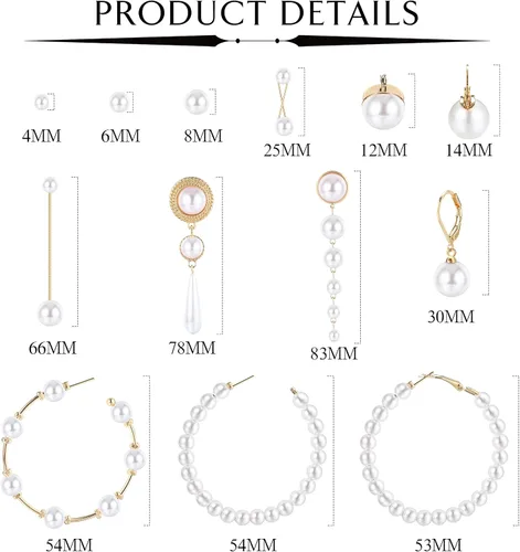 Miniatura 2 de UBGICIG 13 pares de aretes de perlas para mujer, aretes de aro de perlas ligeros, aretes de perlas circulares, aretes colgantes largos de perlas
