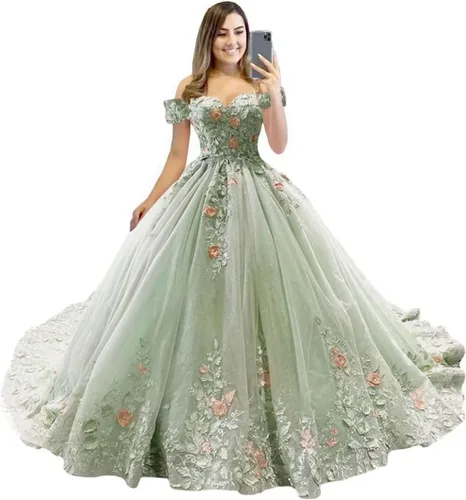 Mauuwy Vestidos de quinceañera de flores florales de encaje de princesa, vestido de baile de tul brillante hinchado dulce 16 vestidos para fiesta de